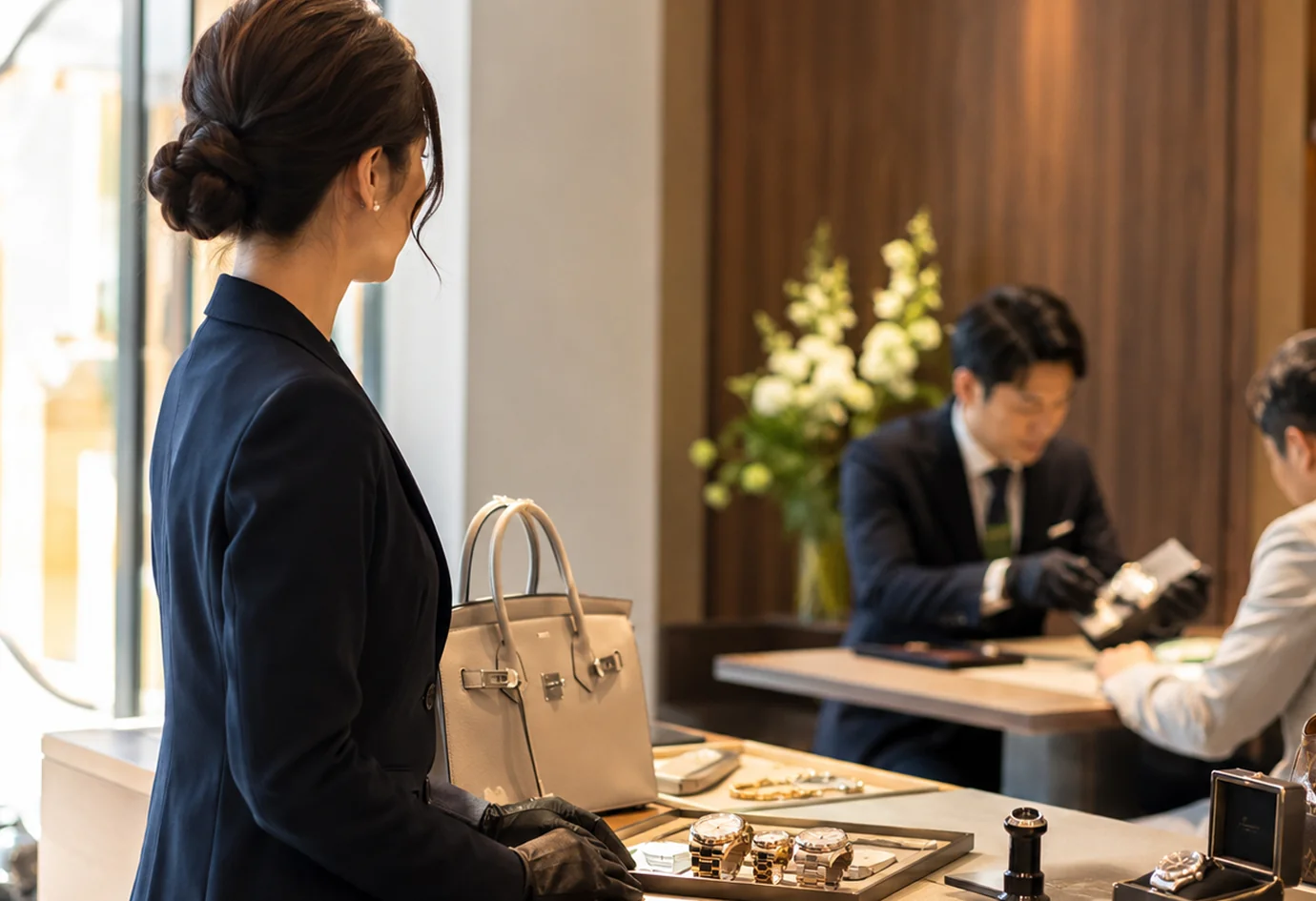 店舗でブランド品や時計の査定業務を行うリユース・買取スタッフ